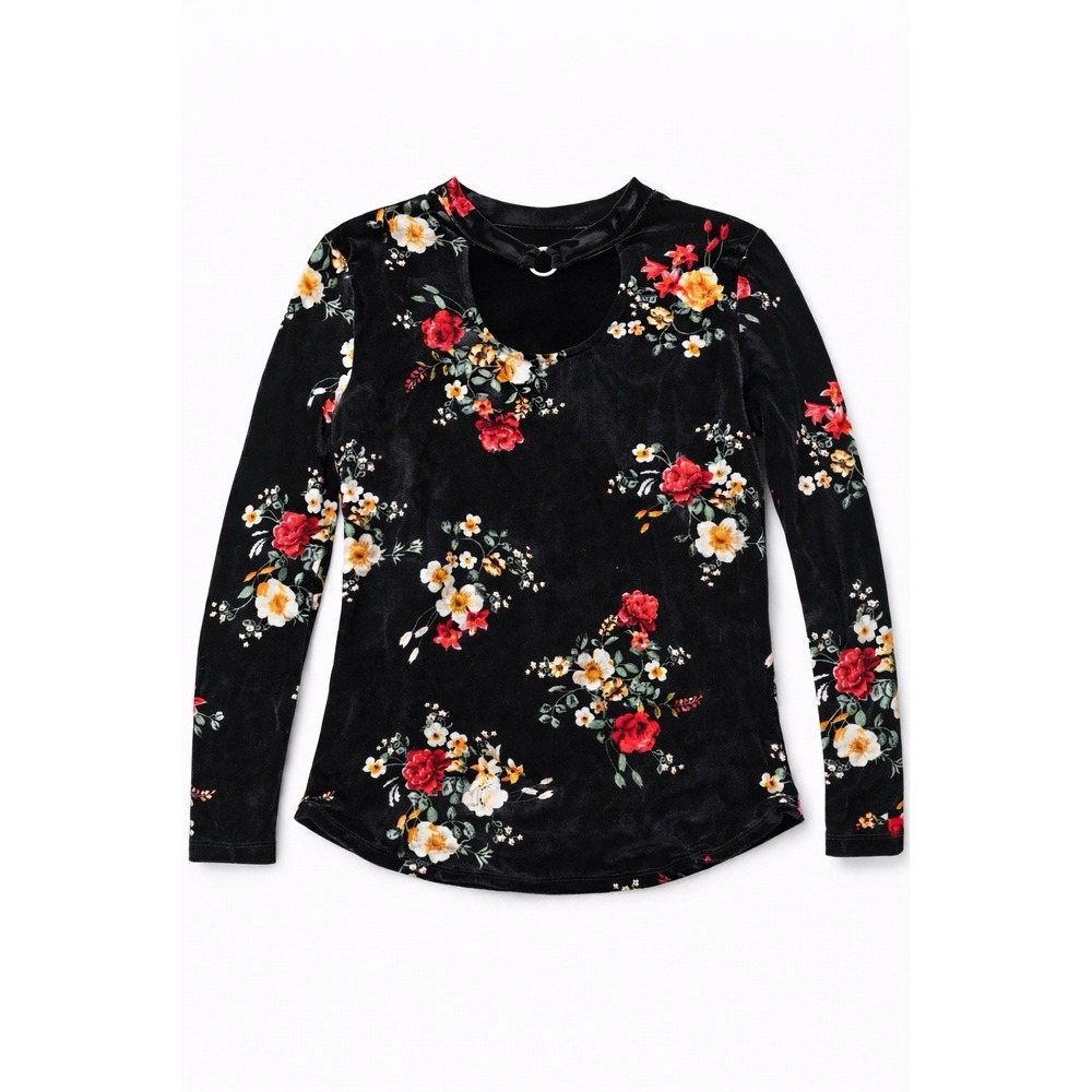 Women's Dark Moody Floral Velvet Long Sleeve Metal Neckpiece Whimsigoth Shirt XL - Picture 2 of 5